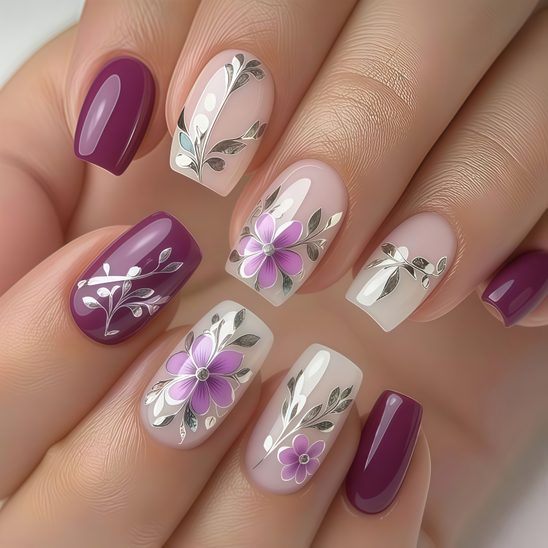 Pressed Flower Art - 24PCSPurple Press on Nails Medium Fake