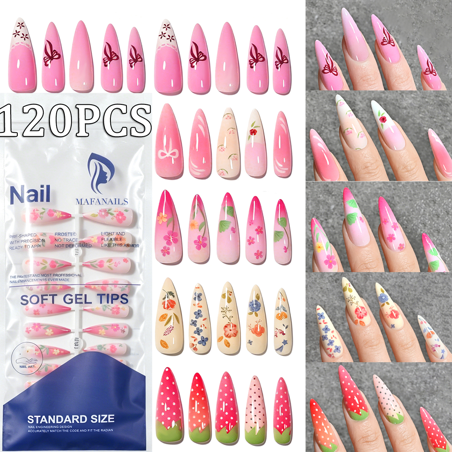 120Pcs Long Almond Press On Na - Pressed Flower Art ulasan dan harga
