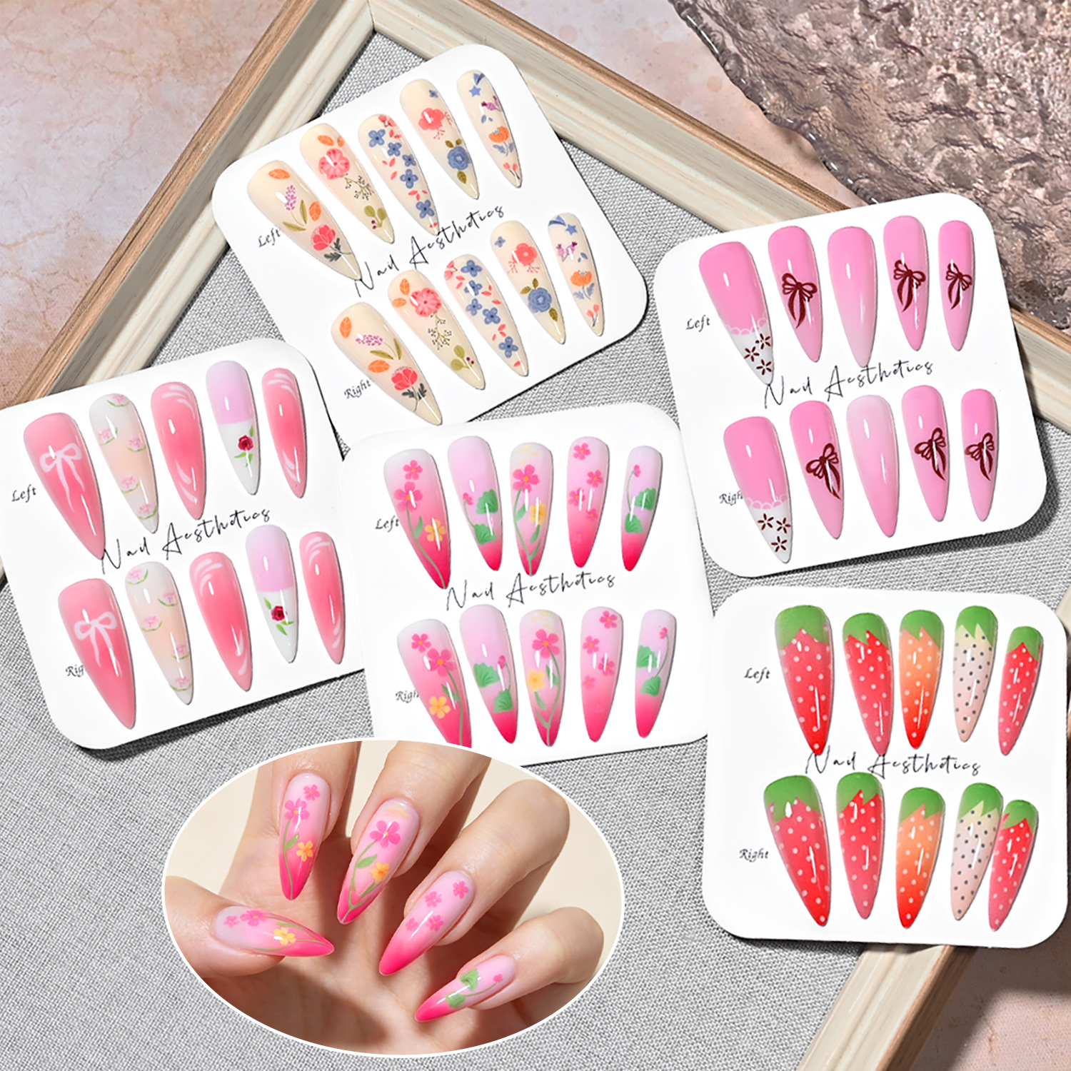 120Pcs Long Almond Press On Na - Pressed Flower Art ulasan dan harga