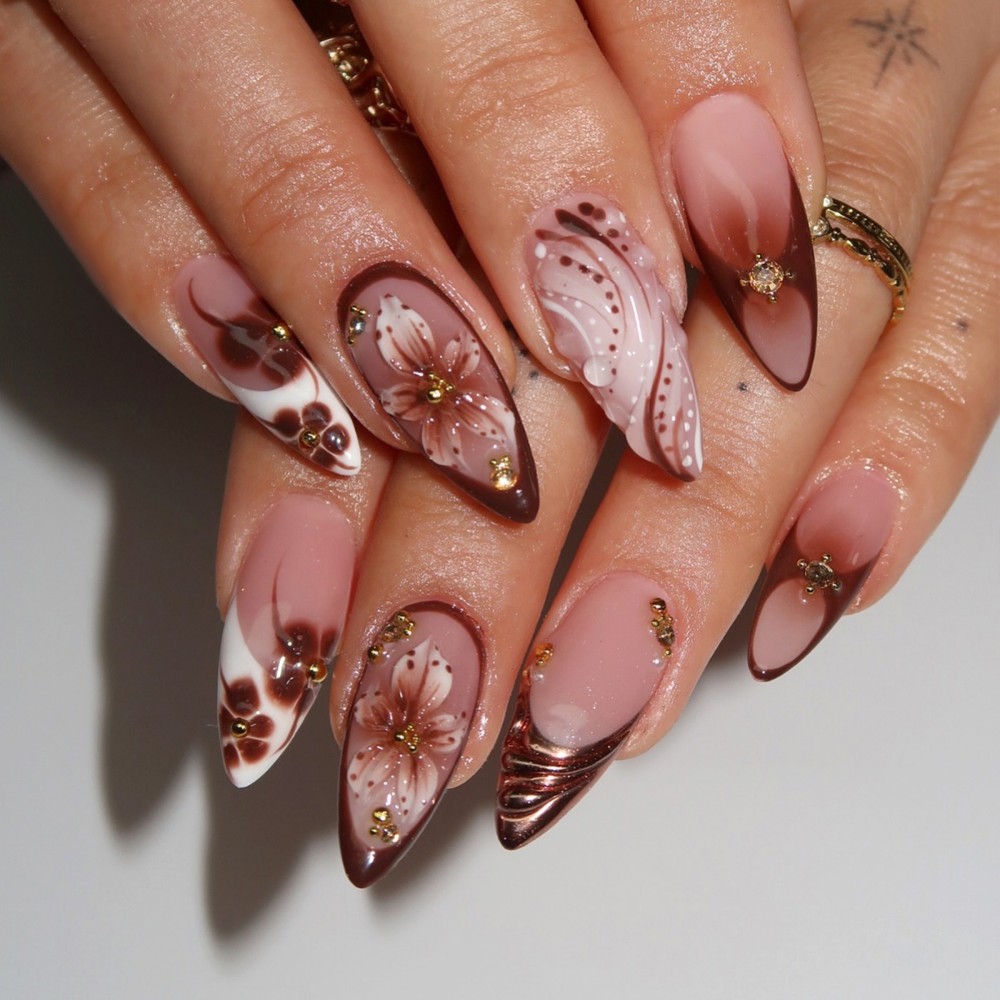 24Pcs 3D French Press On Nails - Pressed Flower Art ulasan dan harga