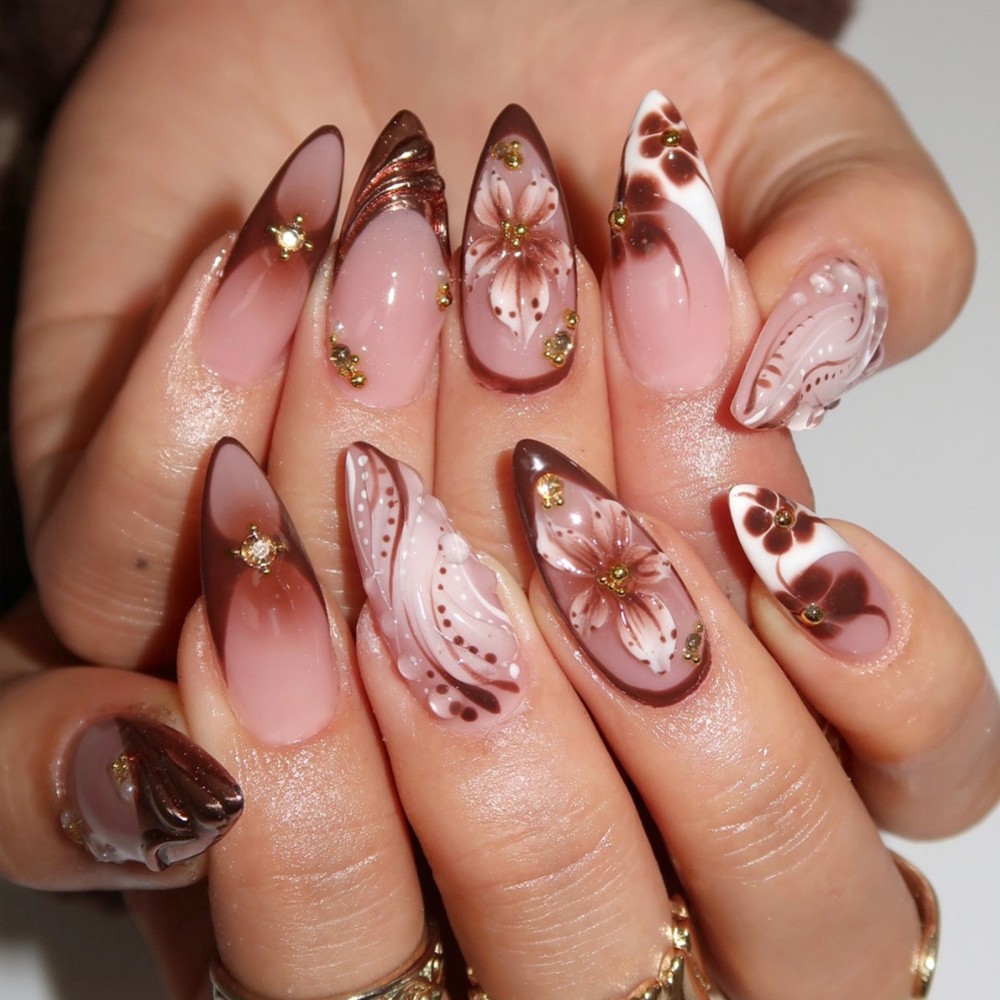 24Pcs 3D French Press On Nails - Pressed Flower Art ulasan dan harga