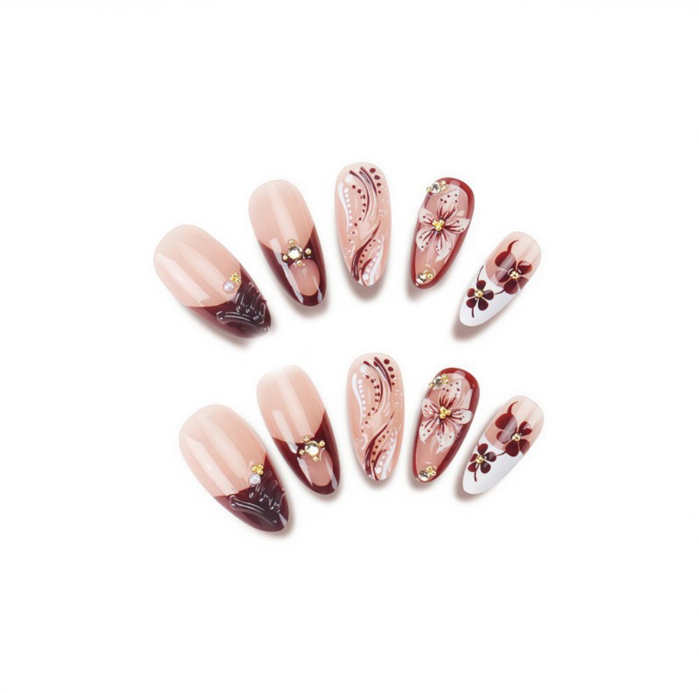24Pcs 3D French Press On Nails - Pressed Flower Art ulasan dan harga