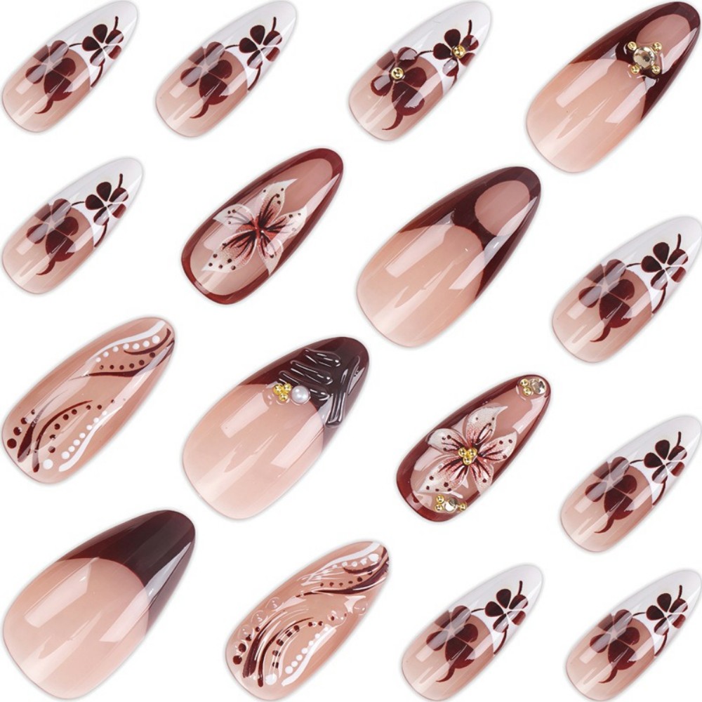 24Pcs 3D French Press On Nails - Pressed Flower Art ulasan dan harga